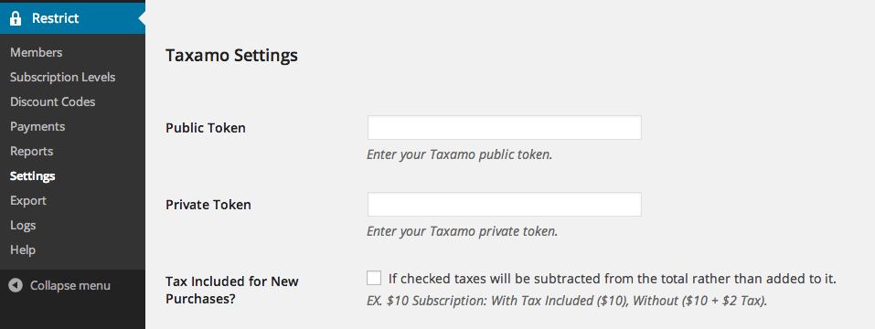 RCP Taxamo settings