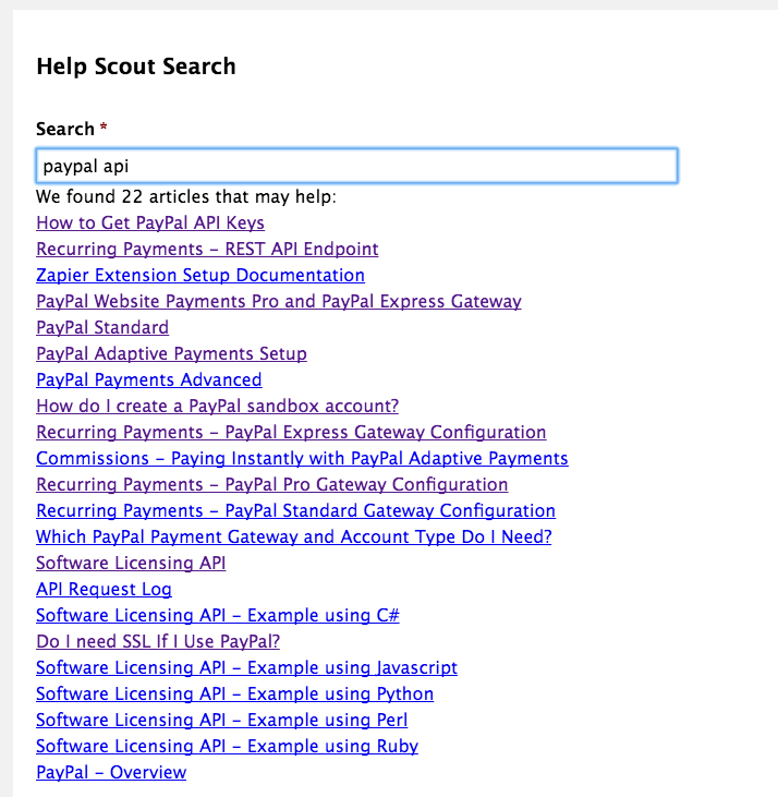 Help Scout docs search results